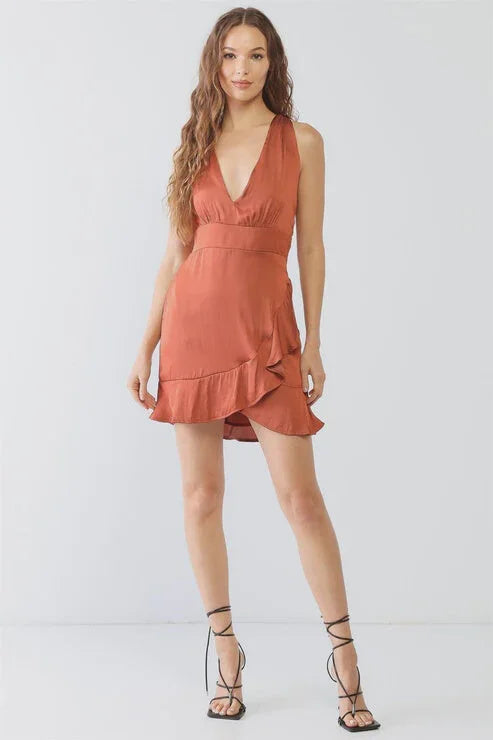 RUST SATIN SLEEVELESS V-NECK MINI DRESS