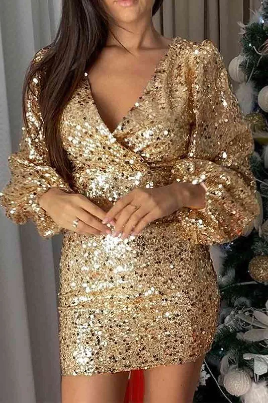 Long Sleeve V-Neck Sequin Waisted Hip Mini Dress