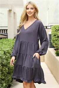 Tiered Long Sleeve Mini Dress - Dk Gray