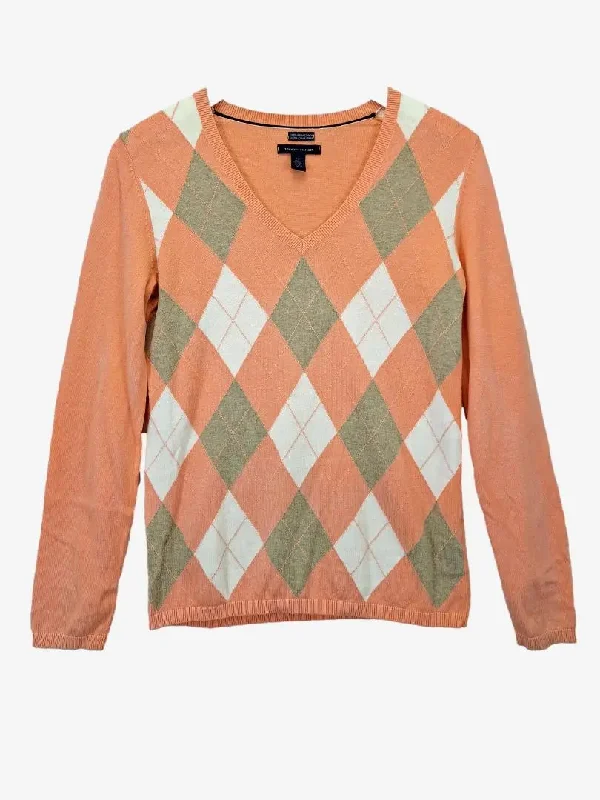 Tommy Hilfiger Preppy Peach Argyle V Neck Jumper Size S