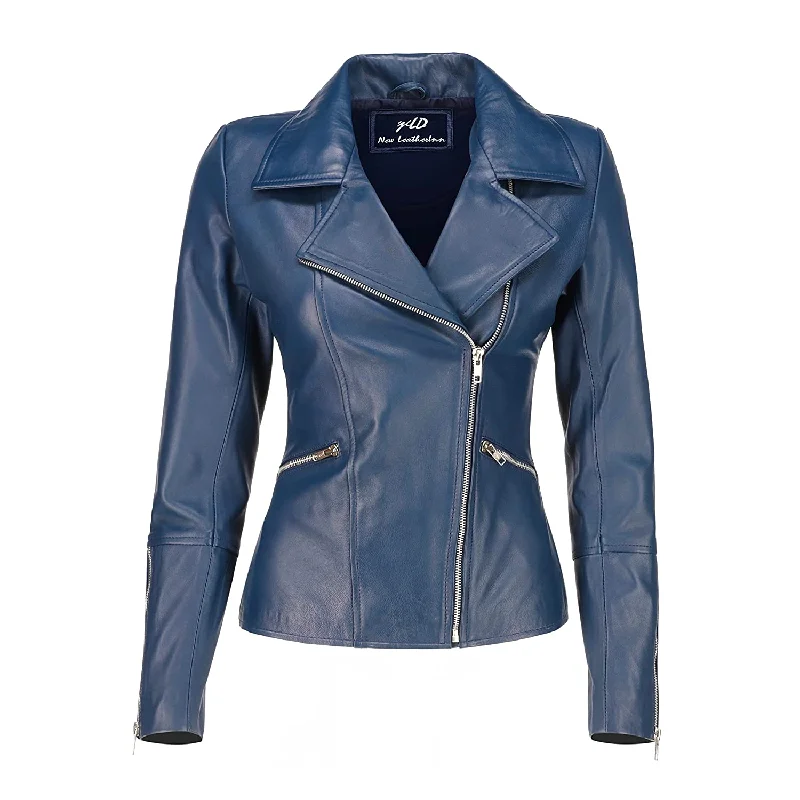 Women's Asymmetrical Biker Blue Leather Jacket