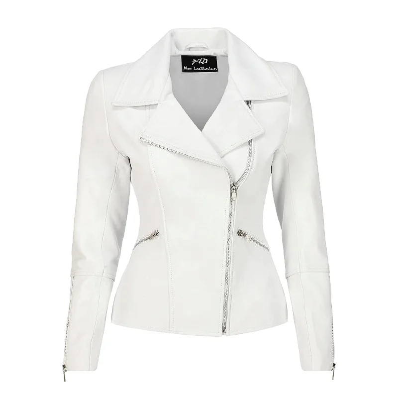 Women's Asymmetrical Biker White Leather Jacket