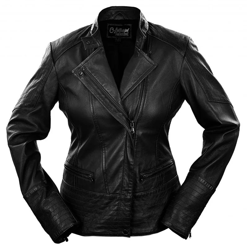 Women's Black Biker Leather Jacket with Zipper Sleeves