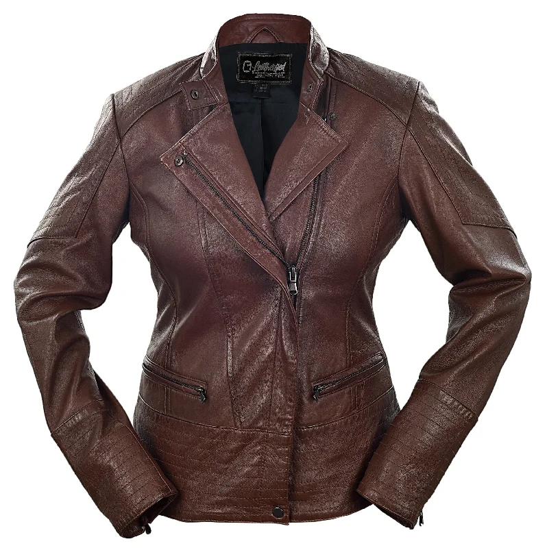 Women's Brown Biker Leather Jacket with Zipper Sleeves