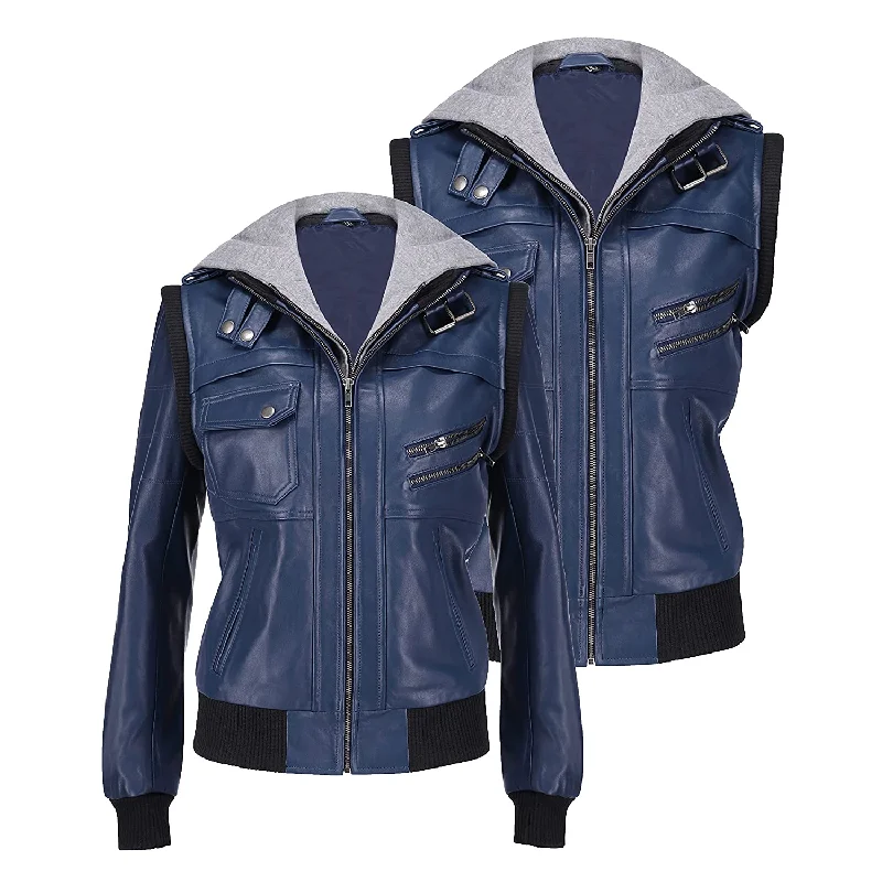 Women's Hooded Blue Leather Jacket