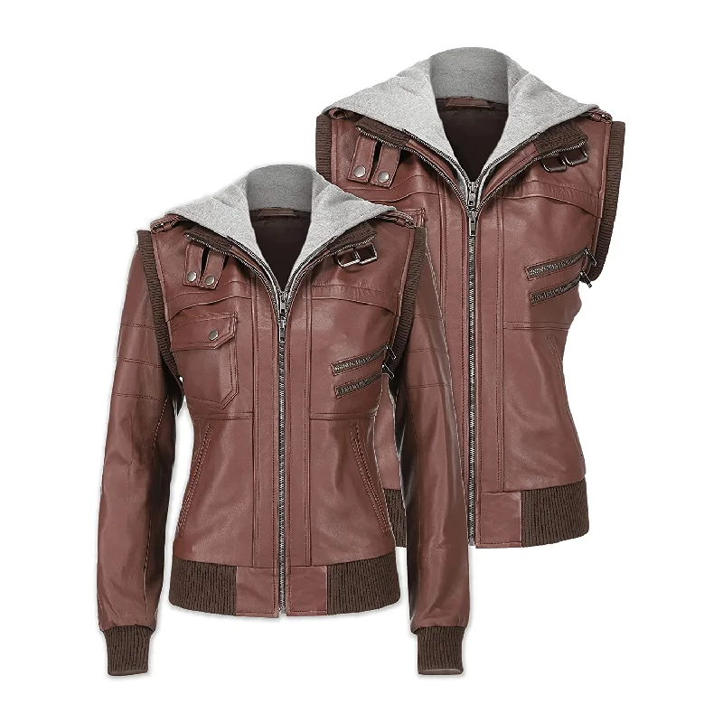 Women's Hooded Brown Leather Jacket