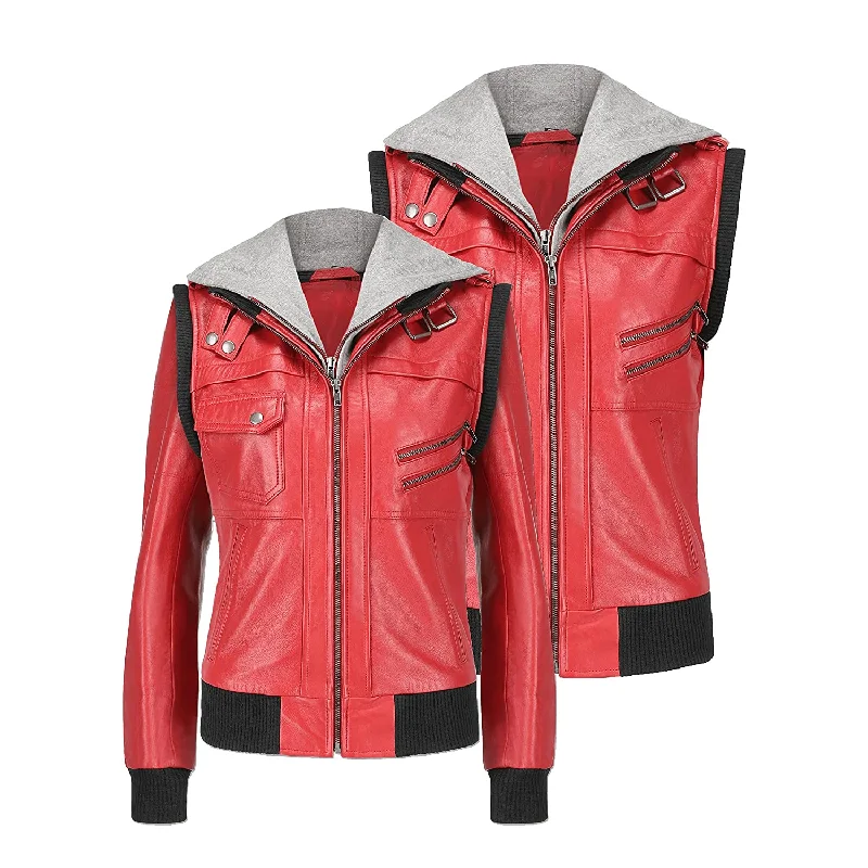 Women's Hooded Red Leather Jacket