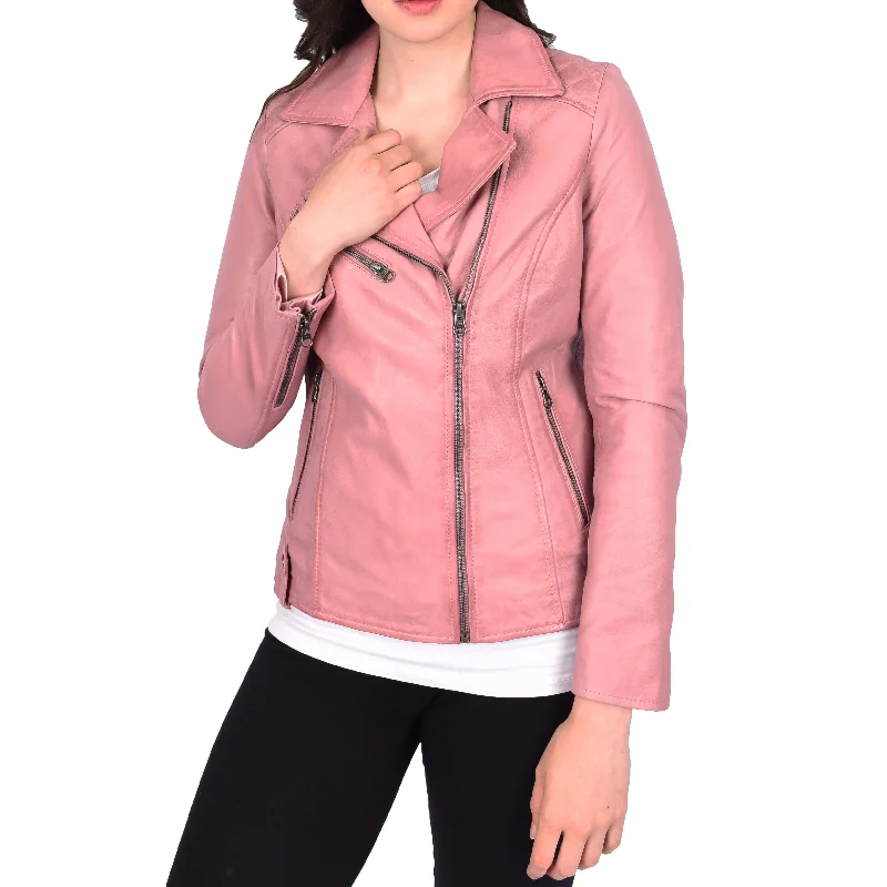 Womens Leather Biker Jacket Cross Zip Style Mona Pink