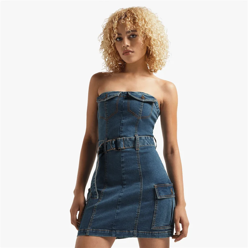 Women's Medium Wash Belted Mini Dress