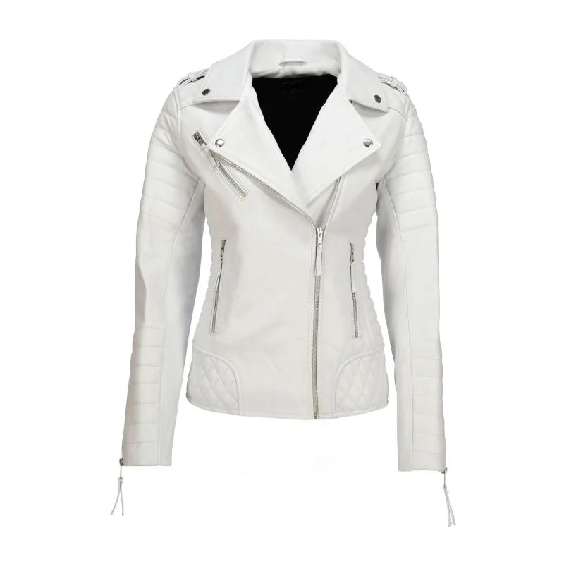 Women's Quilted Sleeves White Leather Biker Jacket