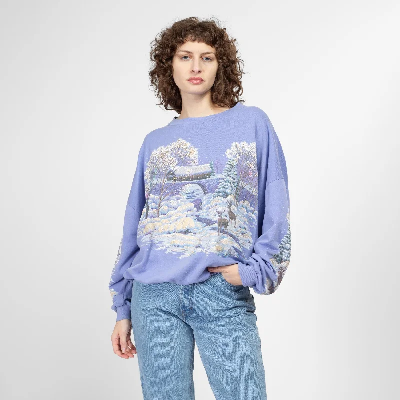 One Size 80s Periwinkle Winter Scene All Over Print Sweatshirt