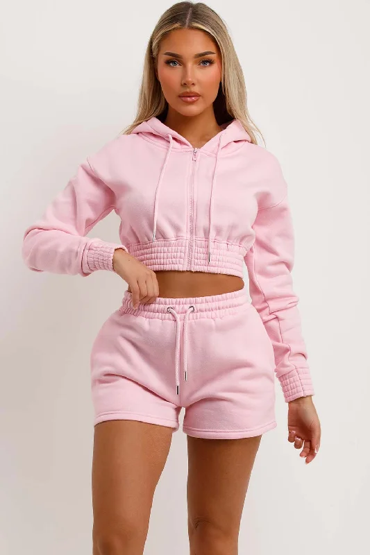 Crop Zip Hoodie And Shorts Tracksuit Set Baby Pink