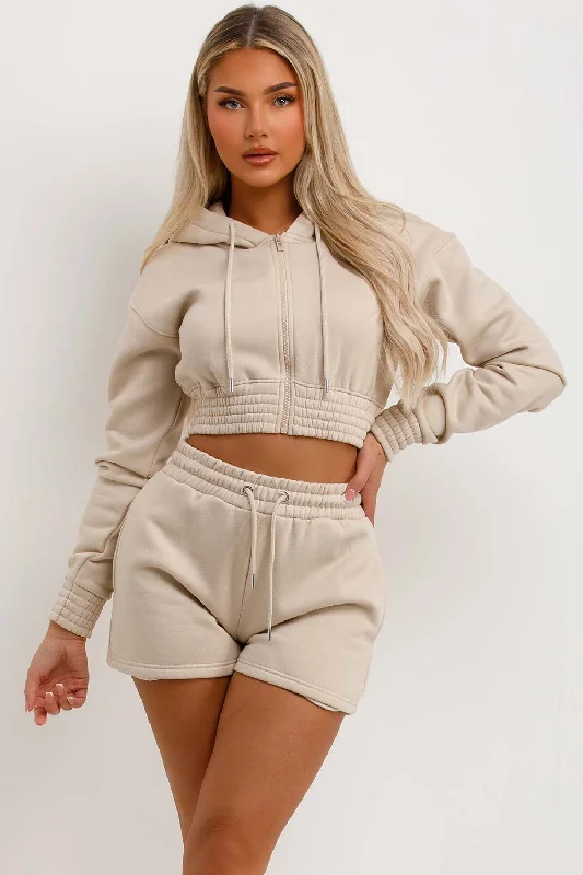 Crop Zip Hoodie And Shorts Tracksuit Set Oatmeal