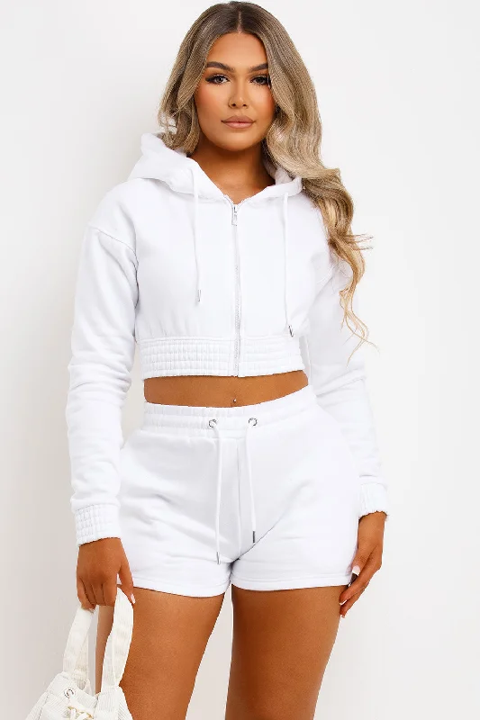 Crop Zip Hoodie And Shorts Tracksuit Set White