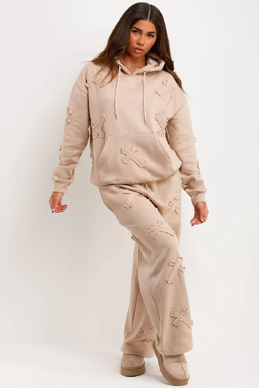 Cross Patch Hoodie And Joggers Tracksuit Lounge Set Beige