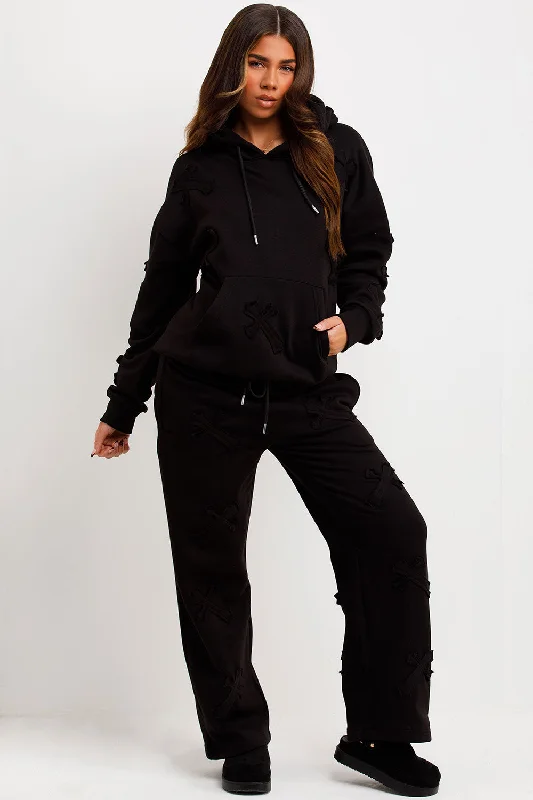 Cross Patch Hoodie And Joggers Tracksuit Lounge Set Black