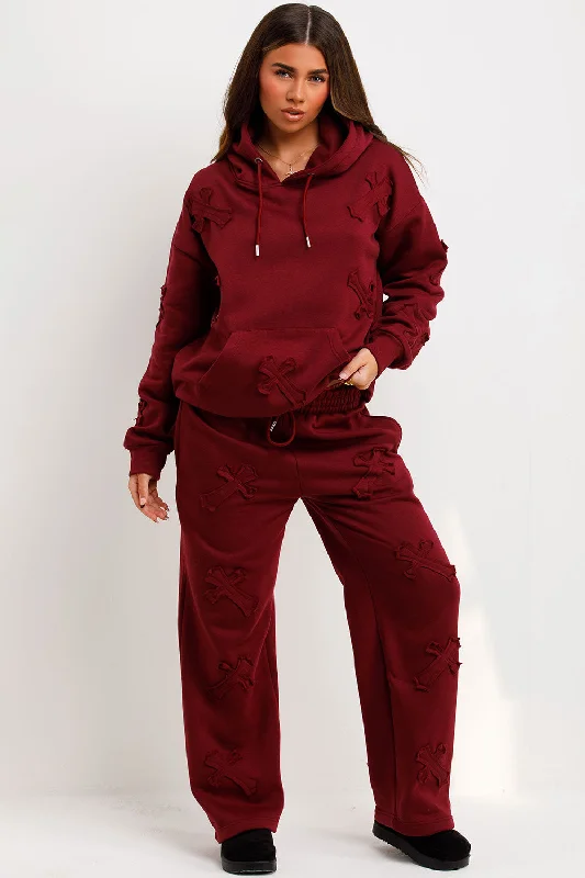 Cross Patch Hoodie And Joggers Tracksuit Lounge Set Burgundy