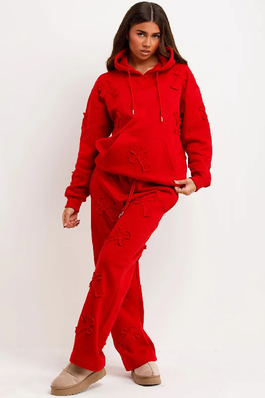 Cross Patch Hoodie And Joggers Tracksuit Lounge Set Red