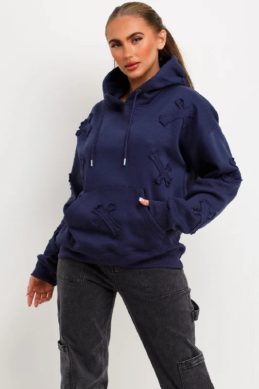 Hoodie With Cross Applique Embroidery Navy