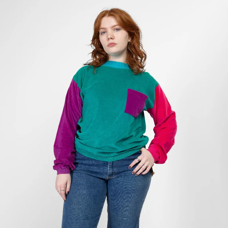 Large 80s Color Block Velour Sweatshirt NWT