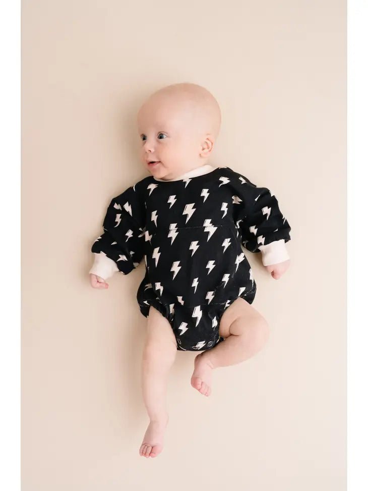 Little One Shop: Bolts on Black Sweatshirt Romper