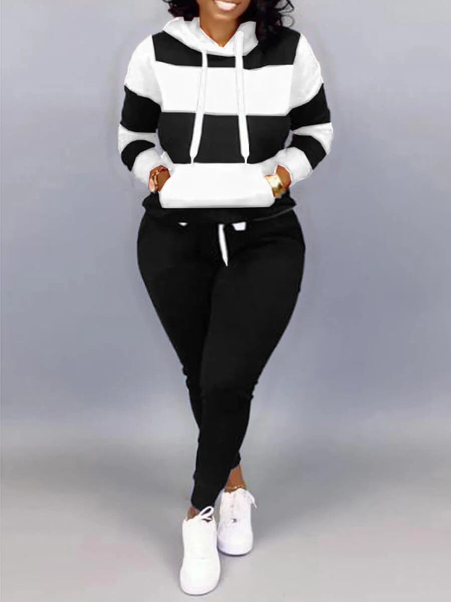 LW Plus Size Sporty Hooded Collar Striped Tracksuit Set Black White Patchwork Kangaroo Pocket Design Tracksuit Sportswear Set