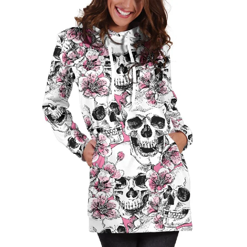 Pink Flowers Skull Pattern Print Pullover Hoodie Dress