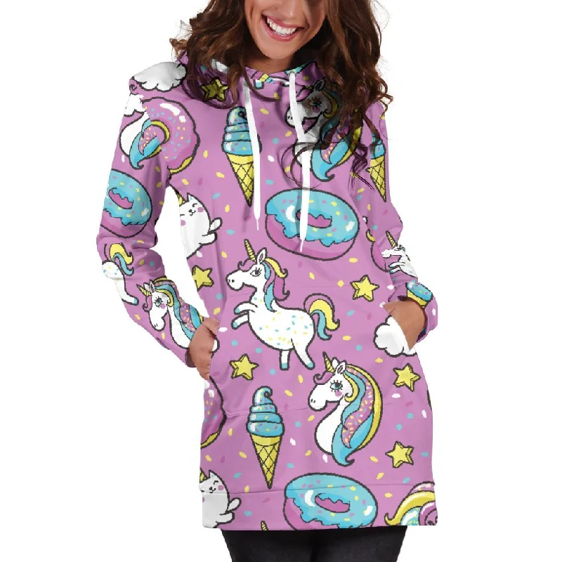 Pink Girly Unicorn Donut Pattern Print Pullover Hoodie Dress