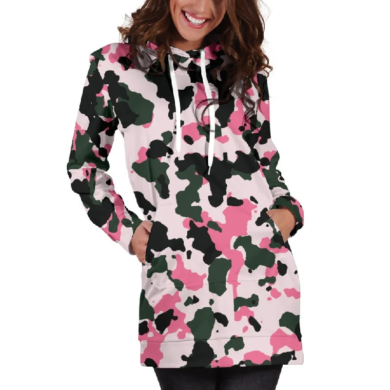 Pink Green And Black Camouflage Print Pullover Hoodie Dress