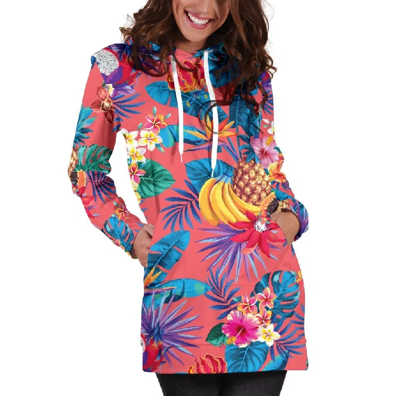 Pink Hawaiian Fruits Pattern Print Pullover Hoodie Dress