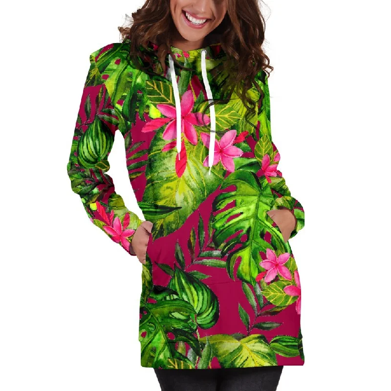 Pink Hawaiian Tropical Pattern Print Pullover Hoodie Dress