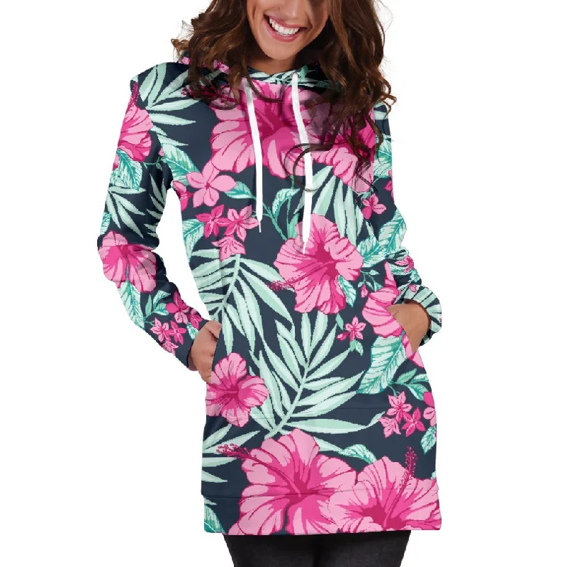 Pink Hibiscus Tropical Pattern Print Pullover Hoodie Dress