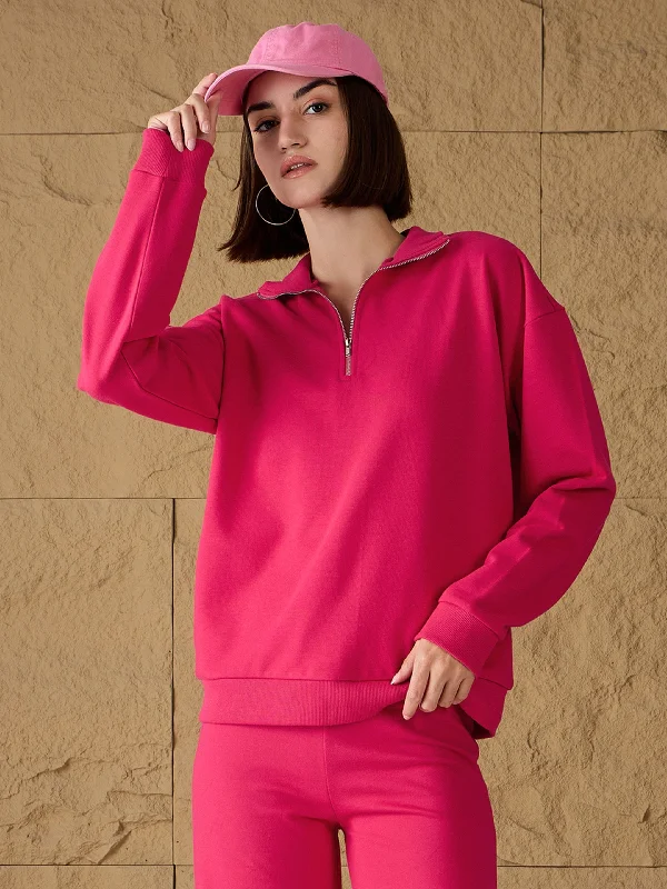 Women Fuchsia High-Neck Sweatshirt