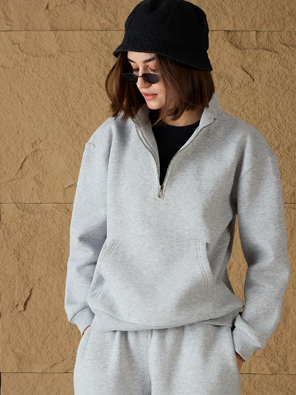 Women Grey Melange Fleece Front Zipper Sweatshirt