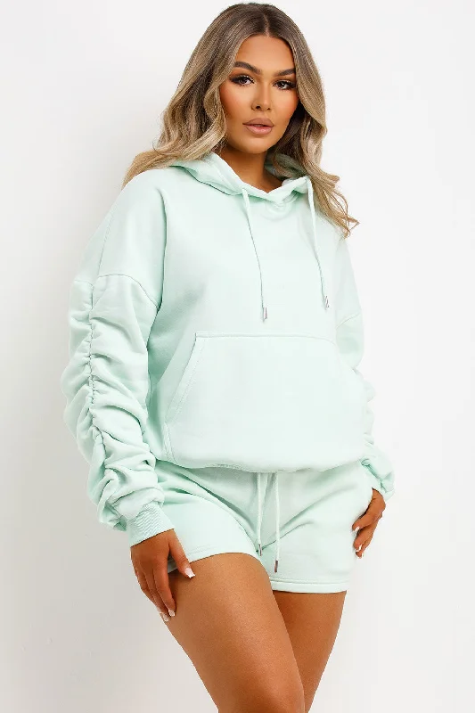 Short Tracksuit With Ruched Sleeve Hoodie Mint