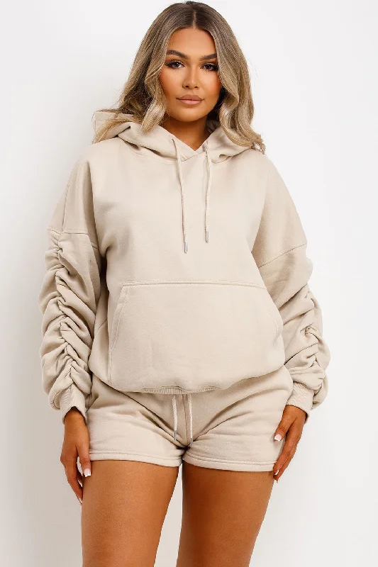 Short Tracksuit With Ruched Sleeve Hoodie Oatmeal