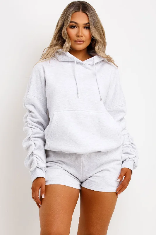 Short Tracksuit With Ruched Sleeve Hoodie Grey Marl