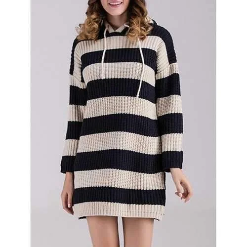 Striped Sweater Dress with Hoodie - Black One Size