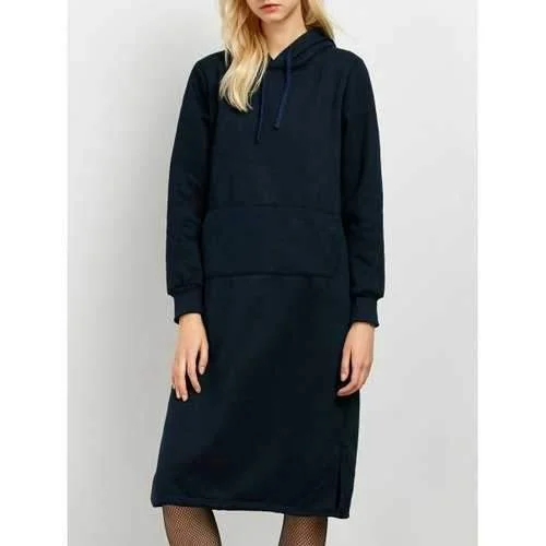 Long Sleeves Hoodie Dress with Pocket - Purplish Blue M