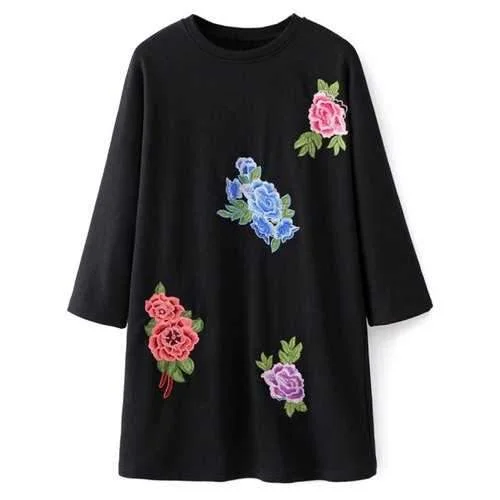 Crew Neck Floral Embroidered Sweatshirt Dress - Black M