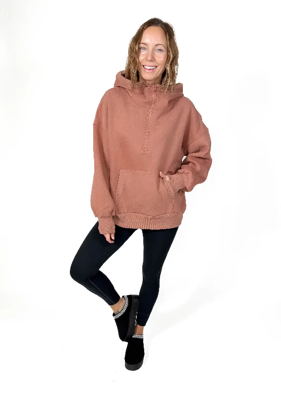 Torrin Fleece Oversized 1/2 Zip Hoodie- BRICK