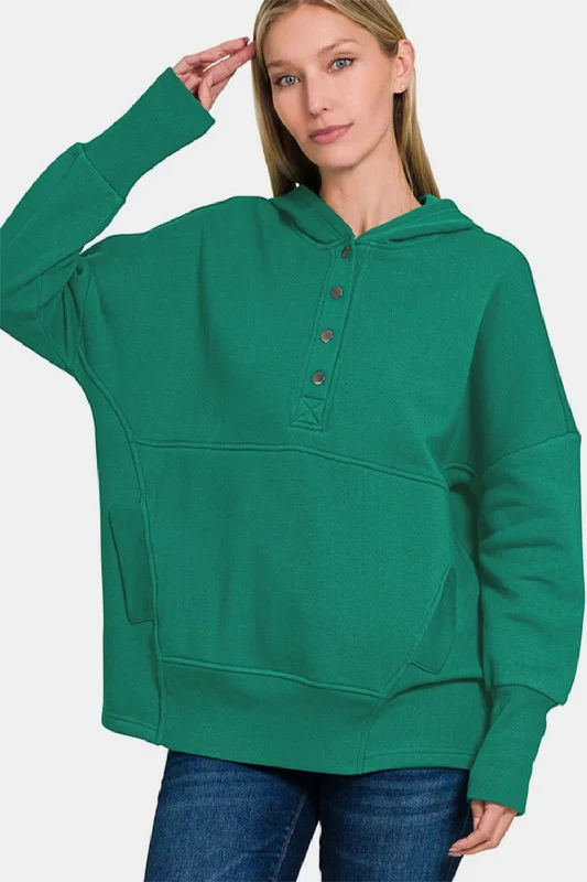 Zenana Half Snap Long Sleeve Hoodie with Kangaroo Pocket In Green