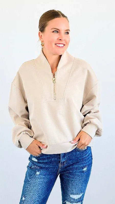 Zip-Up Scuba Long Sleeve Sweatshirt -Taupe