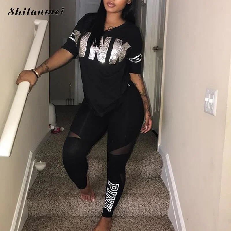 Casual 2 Piece Sets Women'S Pink Tracksuits Set Letter Print Plus Size Sweatsuit 3xl Top Ans Skinny Pants Two Piece Sportsuits