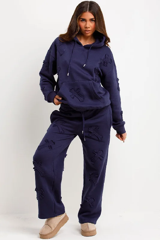 Cross Patch Hoodie And Joggers Tracksuit Lounge Set Navy