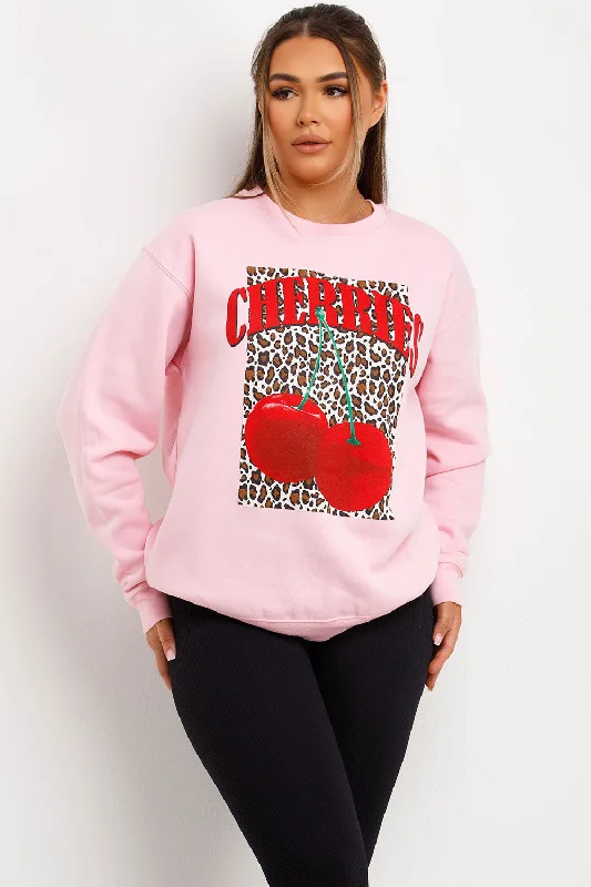 Leopard Cherry Printed Jumper Sweatshirt Pink