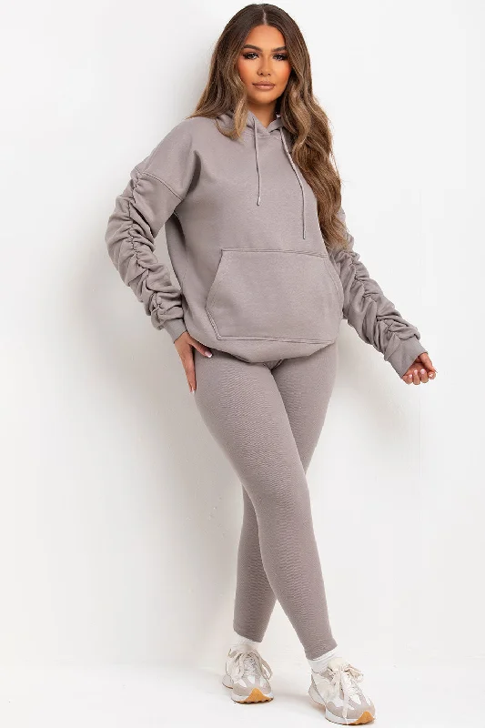 Ruched Sleeve Hoodie And Leggings Loungewear Set Dove Grey