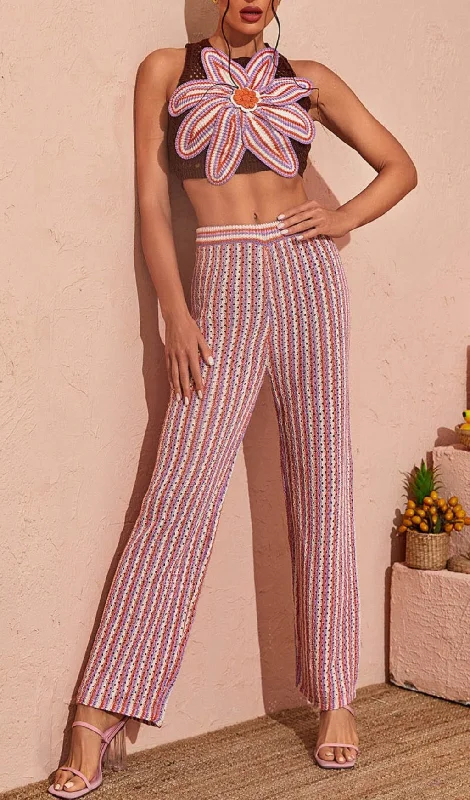 FLORAL HOLLOW KNITTED PANTS SET