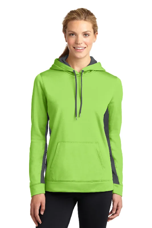 Sport-Tek Womens Sport-Wick Moisture Wicking Fleece Hooded Sweatshirt Hoodie w/ Pouch Pocket - Lime Shock Green/Dark Smoke Grey - Closeout