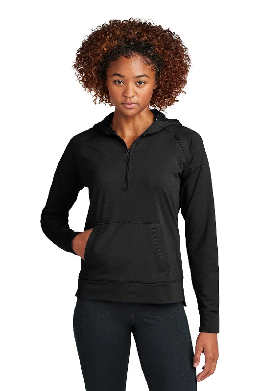 Sport-Tek Womens Sport-Wick Moisture Wicking 1/4 Zip Hooded Sweatshirt Hoodie w/ Pouch Pocket - Black - New